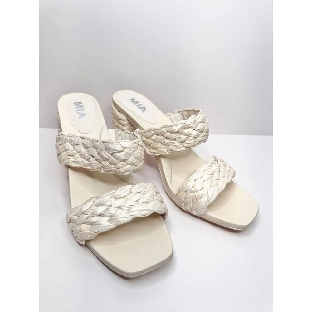 MIA Raffia Sandals Womens Size 10 Cream Double‎ Strap Block Heel